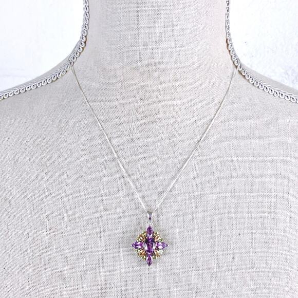 Sterling Silver Amethyst Peridot Citrine Floral Star Cluster Pendant Necklace - Picture 7 of 17